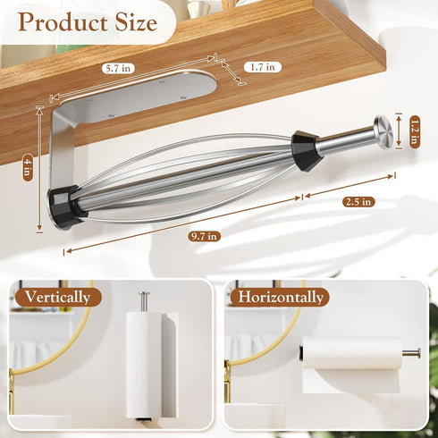 2 Pack 2 Paper Towel Holder Under Cabinet + Towel Robe Hook, Single Hand Operable Under Cabinet Paper Towel Holder
