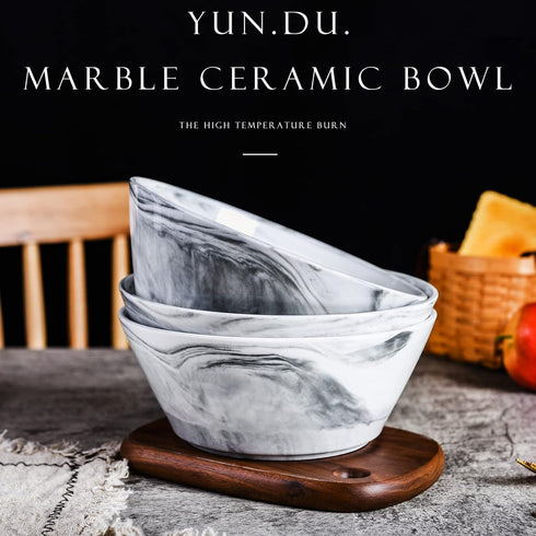 Yundu Grey Marble Ceramics Bowls Set, 58 Ounces Large Salad Bowl Set of 3, Dishwasher & Microwave Safe