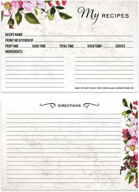 Vintage Floral Favorite Recipe Cards / 50 Pack Double Sided Cooking Ingredients Note Cards / 4" x 6"