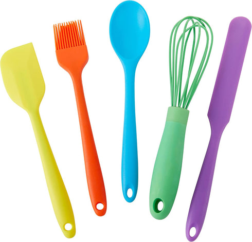 C.R. Gibson Kids in The Kitchen Oil Brush, Spoon, Whisk, Long, Standard Spatula Silicone Utensil Set, Multicolor