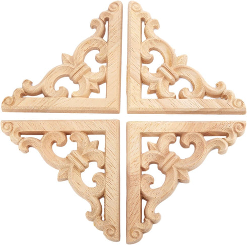 MUXSAM 4Pcs Wood Carved Appliques Onlays - Unpainted Wooden Corner Carvings for Wall Door Mirror Cabinet Decor,