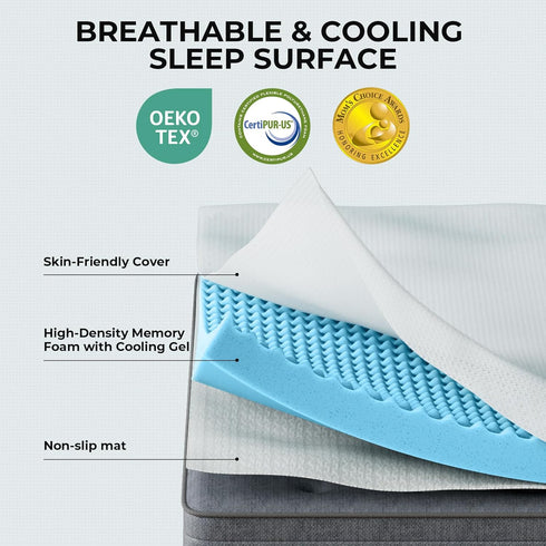3 Inch OhGeni Memory Foam Mattress Topper Pad, Soft Bed Cover with Anti-Slip Base, Size Twin, Style with Cover