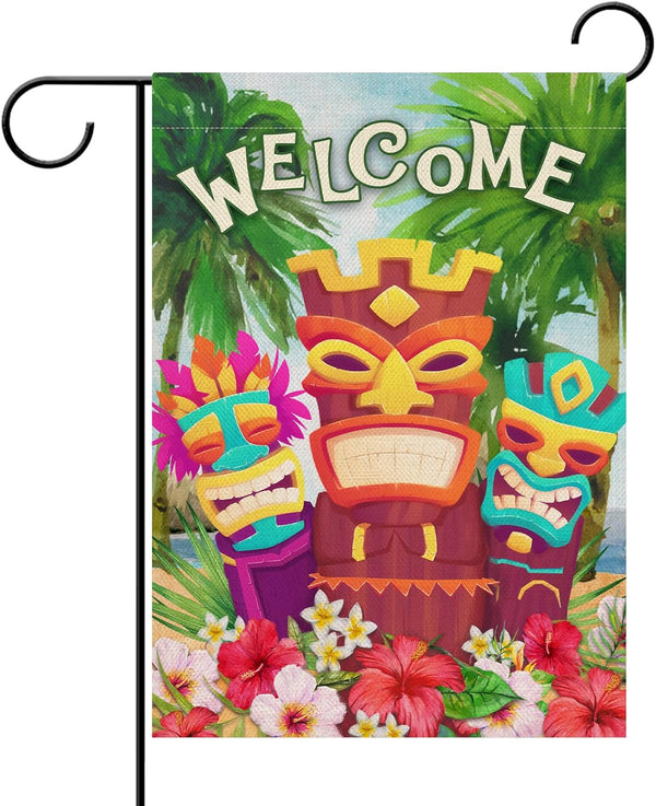 Welcome Summer Tiki Aloha Hibiscus Frangipani Flower Garden Flag, Tropical Outdoor Small Decor for Home