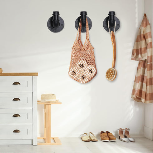 Industrial Pipe Hooks 3 Pack, Heavy Duty Wall Mounted Robe Towel Hook, Rustic Coat Hanger Hat Holder