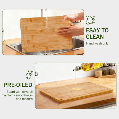 4-Piece Set Bamboo Cutting Boards for Kitchen, Wood Cutting Board with Juice Grooves & Built-in Handles, Easy Storage