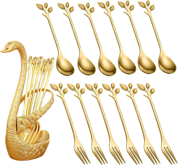 Gold Mini 13-Piece Swan Spoon Holder Set with Spoons and Forks for Coffee, Tea, and Dessert Table