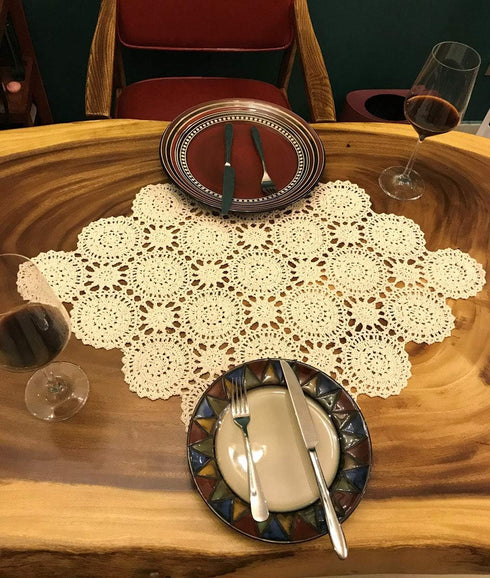 Beige Handmade Crochet Cotton Table Cloth, Lace Doilies Square Tablecloths, 24 Inches