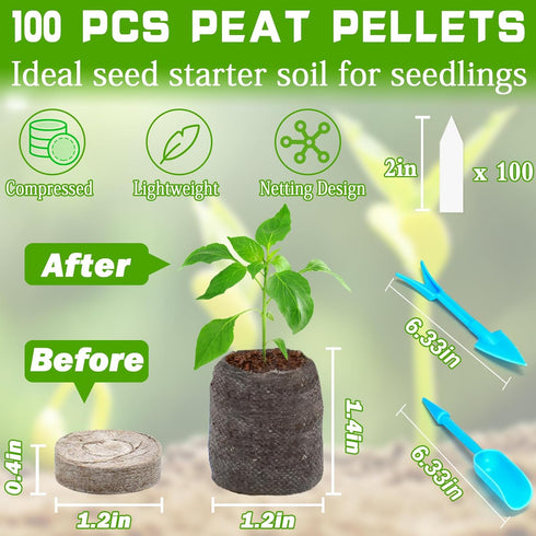 ZeeDix 100 Pcs 30mm Peat Pellets Seed Starter Soil Pods for Vegetable Seedling with 100 Labels & 2 Tools