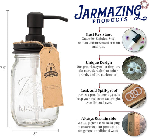 Jarmazing Products Mason Jar Soap Dispenser - Black, 16 oz Ball Mason Jar Liquid Dispenser for Kitchen & Bathroom