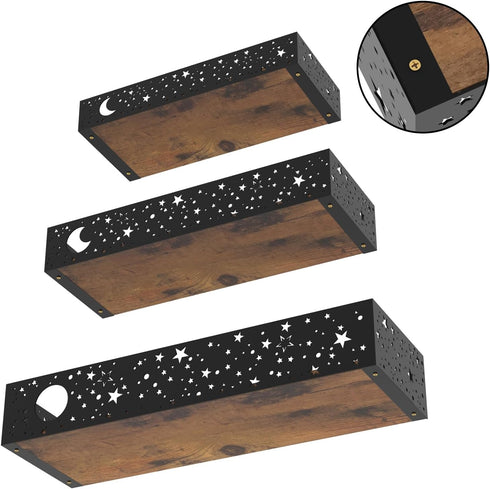Set 3 Moon and Stars Wall Shelves Black, of Small Floating Shelves for Bedroom Living Room Wall Storage or Decor, Brown