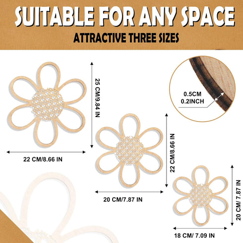Maitys Set 3, Boho Wall Decor of Wood & Rattan Daisy Flower Wall Hanging Art, Boho Nursery Decor for Bedroom Living