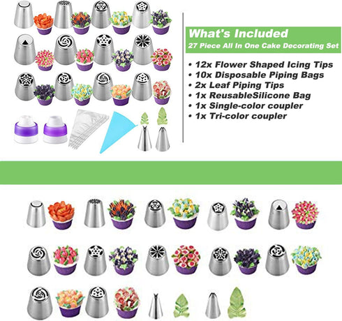 Suuker 27 Pcs Russian Piping Tips Set, Cake Decorating Tips for Cupcake Cookies Birthday Party