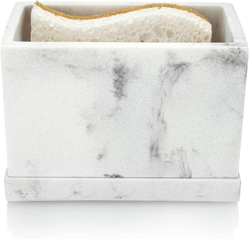 Essentra Home White Marble Kitchen Sponge Holder, Modern Kitchen Sink Caddy with