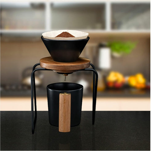 ChefWave Artisan Series Pour-Over Coffee Maker Set, 1-2 Cup Personal Size with Ceramic Cone, Wood Ring, Stainless Steel