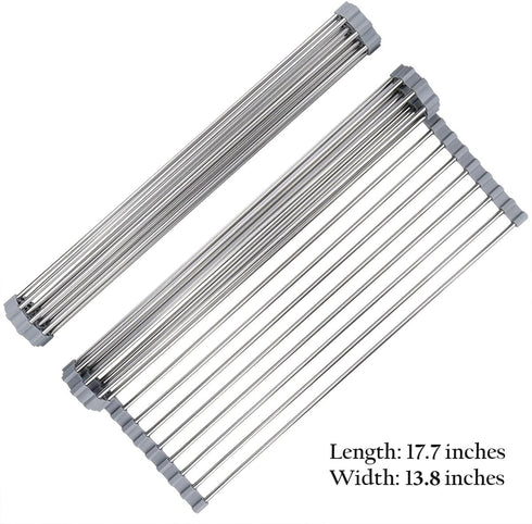 Roll-Up Sink Drying Rack, 17.7"(L) x 13.8"(W) - Gray Multipurpose Heat Resistant Over The Stainless Steel & Silicone