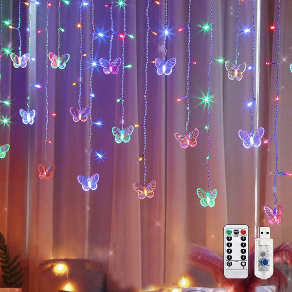 13FT 96 LED USB Powered Curtain Lights, Lainin 16 Butterflies Twinkle Lights 8 Modes Fairy String Lights for Party