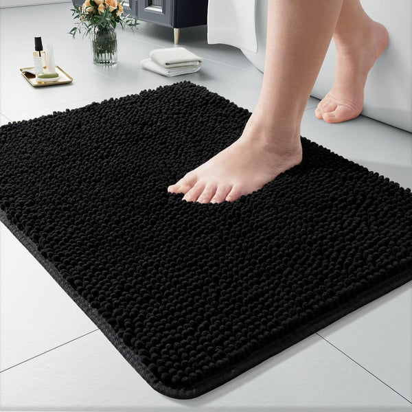 LOCHAS Black Luxury Shaggy Bathroom Rug, 24 x 17 Inch, Washable Non-Slip Plush Chenille Bath Mat for Shower