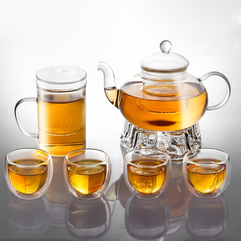 2-IN-1 Sets 4 Glass Tea for Adults - Includes Glass Teapot and Mug with Infuser, Warmer Base, Double Wall Glass Tea Cup