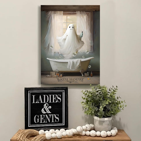 Funny Ghost Bathroom Canvas Wall Art - White Ghost Picture for Farmhouse Bathroom Decor, Framed 12"x16"