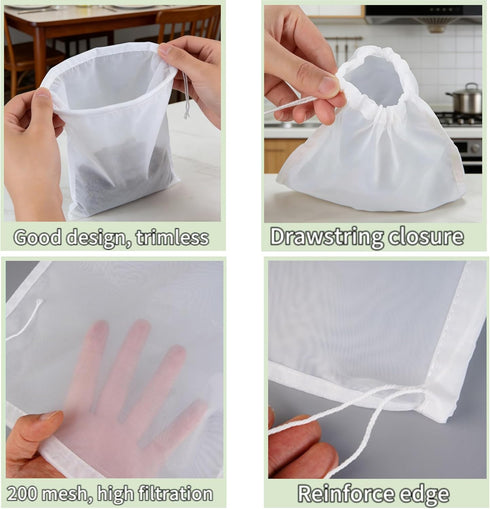 beeurptnr 10 12 8 Inch 200 Nut Milk Bag, Pcs x Cheese Cloth Bag, Reusable Fine Juice Strainer Bag, Mesh Nylon Bag