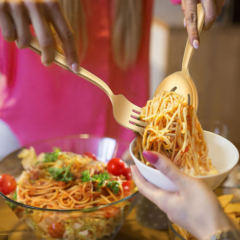 LIANYU 2 Gold Serving Spoons, 2 Gold Slotted Spoons, 2 Gold Serving Forks, 8.6 Inch Stainless Steel for Buffet Catering