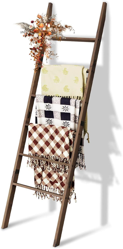 Acacia Wood 6-Tier Blanket Ladder, 5.7FT(66.5'') Blanket Quilt Towel Holder Rack Decorative