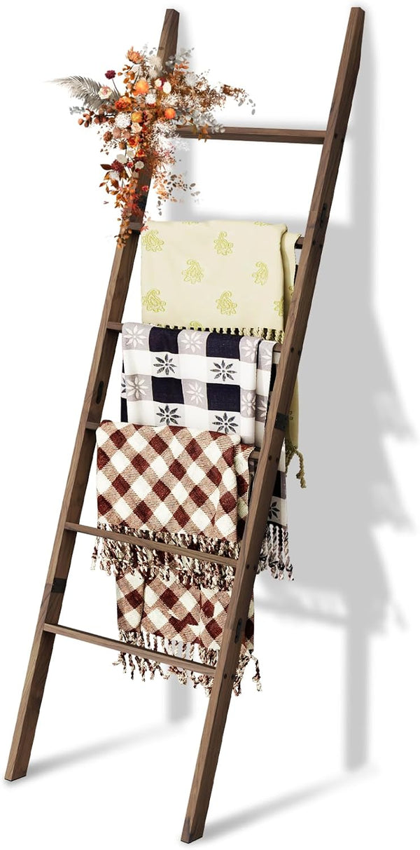 Acacia Wood 6-Tier Blanket Ladder, 5.7FT(66.5'') Blanket Quilt Towel Holder Rack Decorative