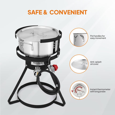 10Qt 55,000 6.7Qt ROVSUN Fish Fryer Pot with BTU Propane Burner, Strainer Basket, Thermometer & Lid, Aluminum Pot