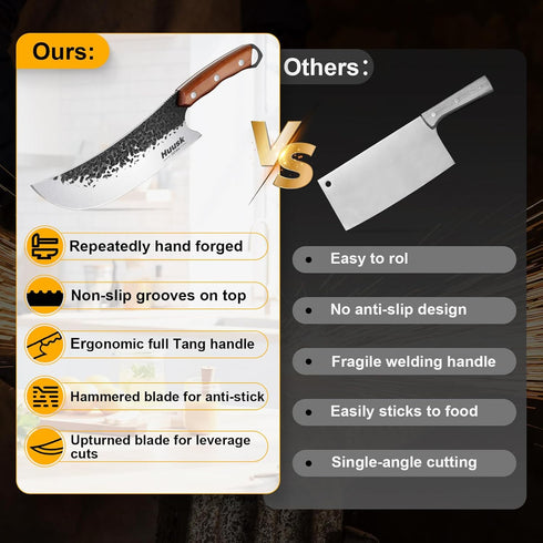 Huusk Butcher Knife | Heavy Duty Meat Cleaver with Sheath | Hand Forged Cooking Knife for Kitchen or BBQ
