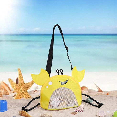 Kids Mesh Beach Bag, Cute Crab-Shaped Seashell Collecting Bag with Adjustable Strap for Holding Shell Beach Toy