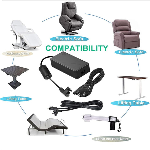 Power Supply for Power Recliner, 2-Pin 29V 2A Universal Adapter with Extension Cord, Compatible with Electric Chairs