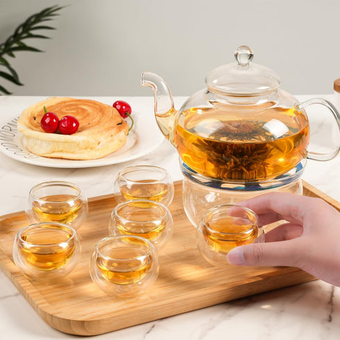 Set, 27OZ/800ML 6 Set Glass Teapot Stovetop Safe Glass Tea Kettle with Small Double Wall Tea Cups & Loose Tea Infuser