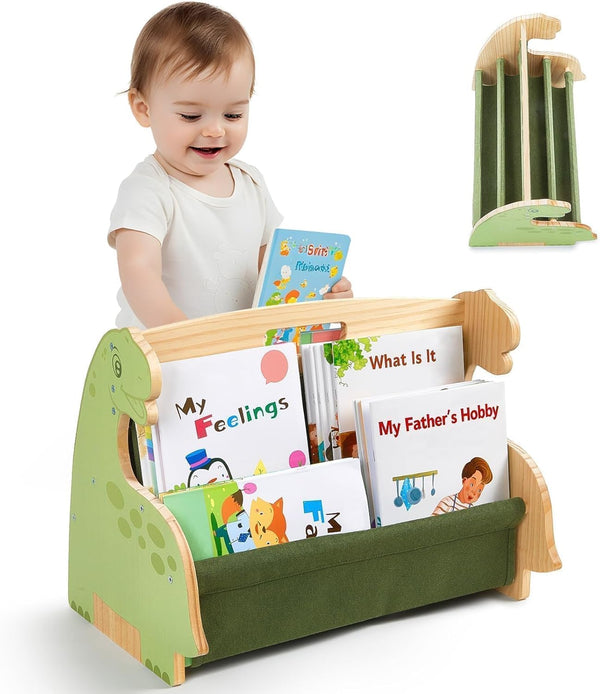 SheSeek Toddler Bookshelf Double-Sided with 4 Tier Deep Sleeves Kids Wooden Montessori Book