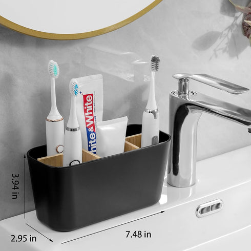 Toothbrush Holders for Bathrooms, Bamboo Tooth Brush Holder with 5 Slots Bathroom Vanity Organizer Countertop for Electric Toothbrushes, Toothpaste, Razors - Black by Heagoale