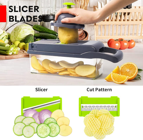 Pro Onion Chopper, Multifunctional 13 in 1 Vegetable Chopper, Kitchen Slicer Dicer Cutter with 8 Blades and Container