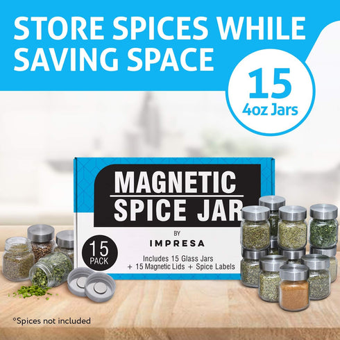 15-Pack, 4 Oz, 60 IMPRESA Clear Glass Magnetic Spice Jars - Labels - Magnet Spice Jars for Refrigerator with Magnet