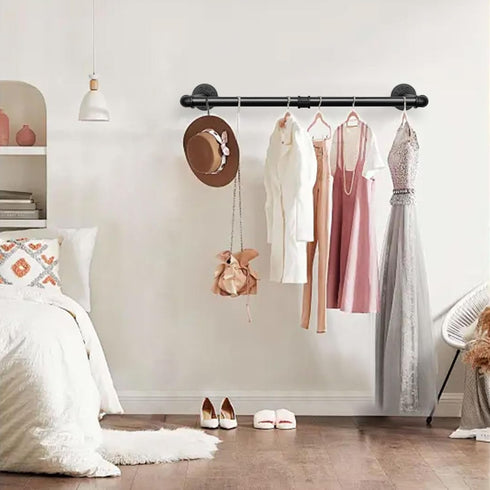 Industrial Iron Pipe Clothes Hanging Bar, Heavy Duty Wall-Mounted Garment Rack for Bedroom, Laundry Room Storage