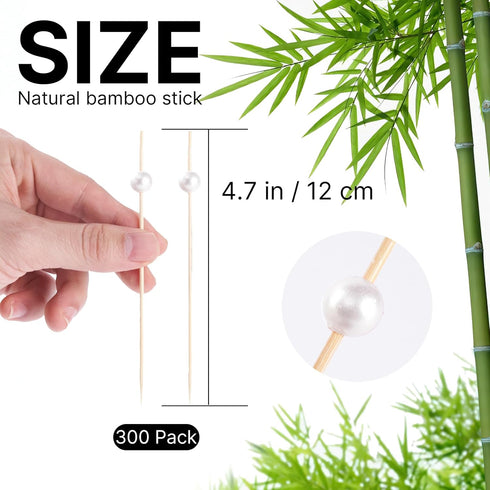 PuTwo 300 Counts Cocktail Toothpicks - Handmade Natural Bamboo Skewers for Appetizers, Fruits, Dessert with White Pearls