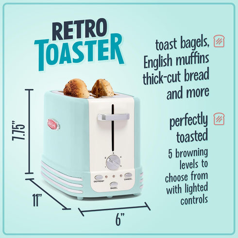 Nostalgia New and Improved 2-Slice Toaster - Aqua, Perfect for Bread, English Muffins, Bagels, 5 Browning Levels, Crumb