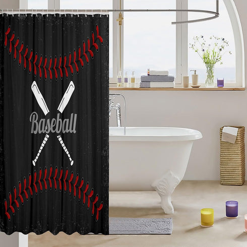 72Wx84L inch Castle Fairy Sports Baseball Bath Curtain,Vintage Sports Theme Shower Curtain,Retro Red Black Microfiber