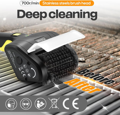 360 8V 700r/min Battery Operated Grill Cleaner PURAMI Wireless Outdoor Rotating Electric Grill Brush, Rechargeable
