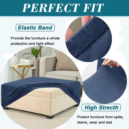HFCNMY Ottoman Cover, Blue Medium - Stretch Velvet Square Slipcover for Living Room Storage Ottoman, Washable, Elastic