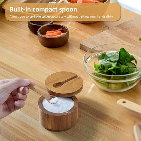 OUTNILI 360 7 Salt Box Bowl with Lid and Spoon - Acacia Salt Cellar with Swivel Lid - Salt Container Holder for Sea