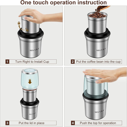 Secura Electric Coffee Grinder and Spice Grinder with Removable Bowls, Dry Grinding