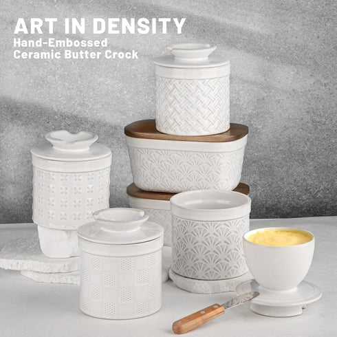 Countertop, Nucookery Ceramic Butter Crock with Lid Embossed French-Style Butter Keeper for Water-Seal Design Keeps