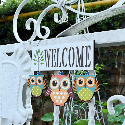Owl Welcome Sign Hanging Door Decoration - Wood Wall Hanging Sign for Home Porch Fall Halloween Decor