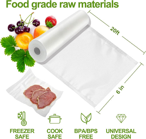 Vacuum Sealer Bags - 6" x 20' (3 Rolls), Reusable & Sous Vide, BPA-Free Food Saver Vacuum Sealer Bags