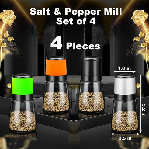 Premium Salt and Pepper Grinder Set of 4, Refillable Manual Salt and Pepper Mill, Adjustable Ceramic, Glass Shaker