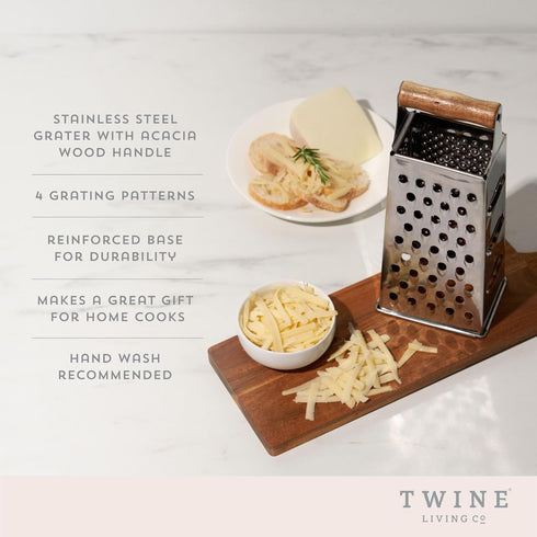 Twine Acacia Wood Handled Cheese Grater - Stainless Steel Grater, Citrus Zester, Vintage Kitchenware