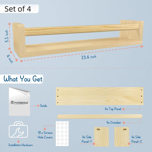 24 Inches (4-Pack) Forbena Natural Wood Nursery Bookshelves for Wall, Long Floating Book Shelves, Wall Mounted Bookcase